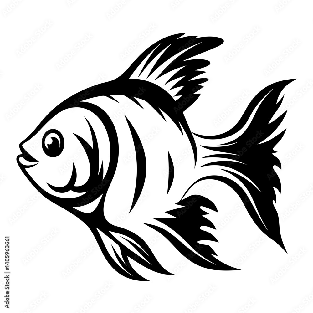 A stylized black and white illustration of a tropical fish with flowing fins and detailed scales A stylized black and white illustration of a tropical fish with flowing fins and detailed scales