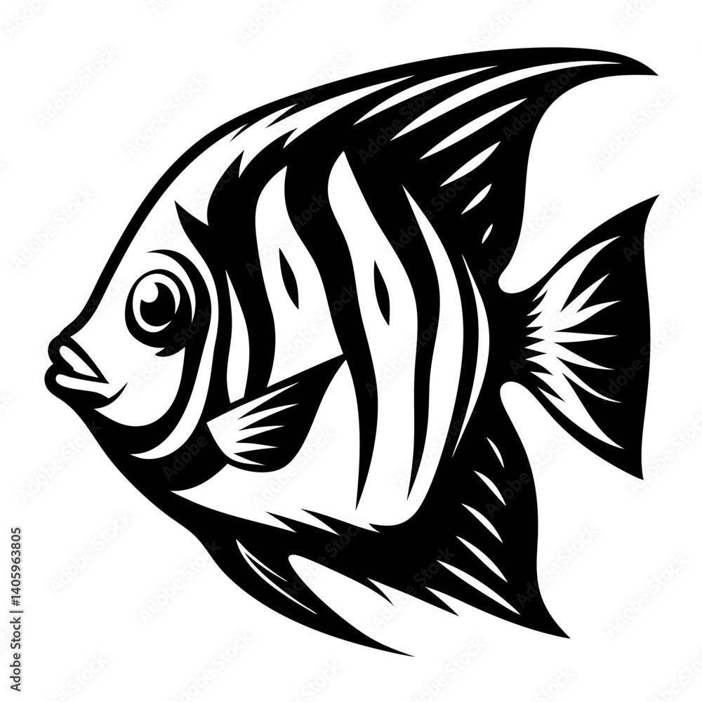 Obraz premium Striped Angelfish Black and White Illustration Artistic Fish Design Graphic