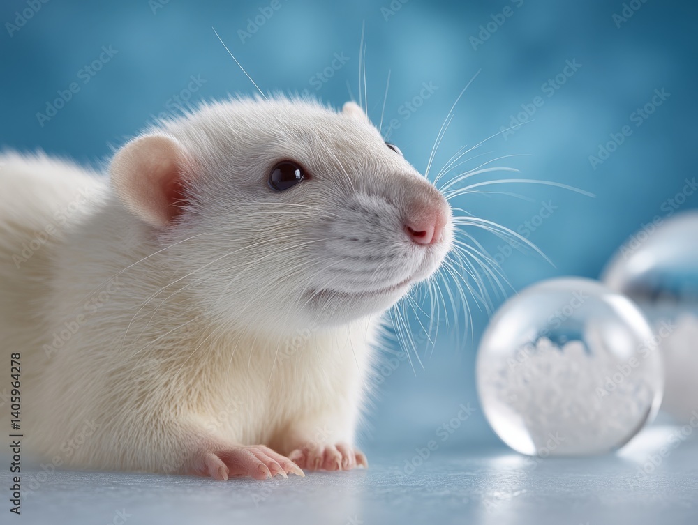 White rat positioned next to transparent spheres on cold blue background suggesting experimentation innocence and futuristic symbolism through clinical minimal clarity White rat positioned next to transparent spheres on cold blue background suggesting experimentation innocence and futuristic symbolism through clinical minimal clarity