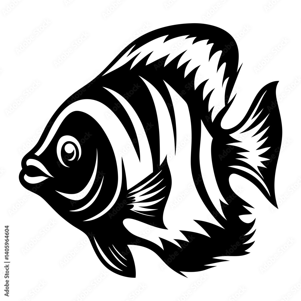 A Striking Black and White Illustration of a Fish with Bold Stripes and Fins A Striking Black and White Illustration of a Fish with Bold Stripes and Fins