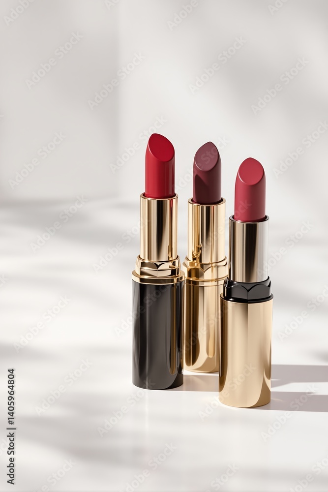 Red and burgundy lipsticks in gold cases standing upright on white marble surface Red and burgundy lipsticks in gold cases standing upright on white marble surface