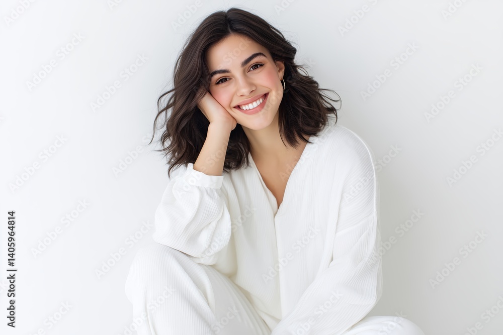Smiling woman in white outfit sitting against a light background, showcasing joy and confidence, embodying a positive lifestyle and beauty concept Smiling woman in white outfit sitting against a light background, showcasing joy and confidence, embodying a positive lifestyle and beauty concept