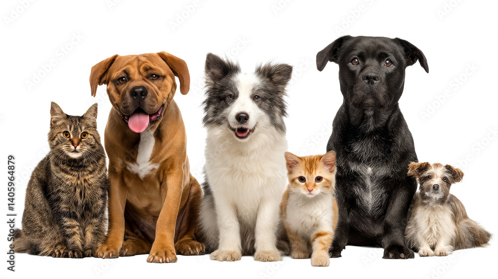 Fototapeta premium Pets sitting together on a transparent background in a studio