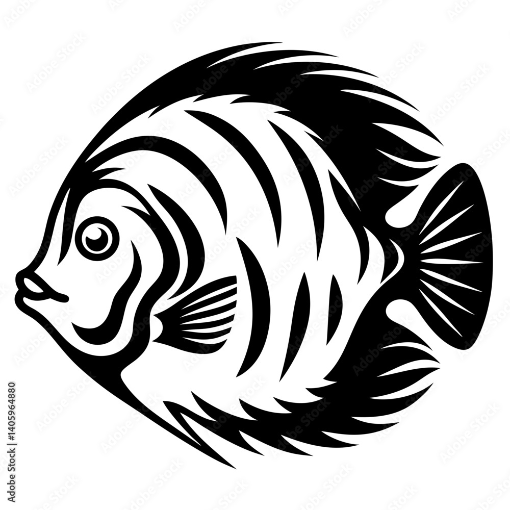 A stylized black and white illustration of an angelfish a tropical freshwater fish with striking patterns A stylized black and white illustration of an angelfish a tropical freshwater fish with striking patterns