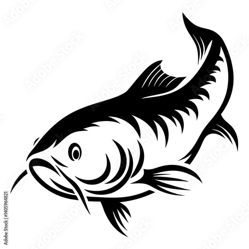 Stylized Black and White Illustration of a Catfish a Bold Graphic Design of Aquatic Life