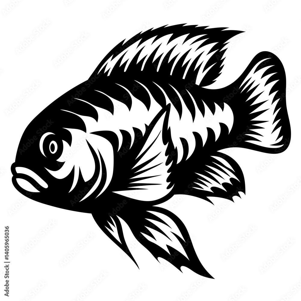A Striking Black and White Illustration of a Cichlid Fish with Detailed Fin Patterns and Bold Outlines A Striking Black and White Illustration of a Cichlid Fish with Detailed Fin Patterns and Bold Outlines