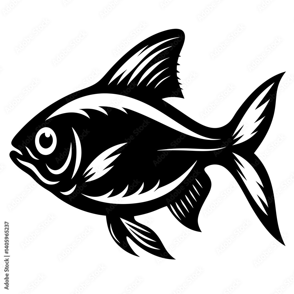 Black and White Illustration of a Fish with Detailed Fins and Scales Black and White Illustration of a Fish with Detailed Fins and Scales