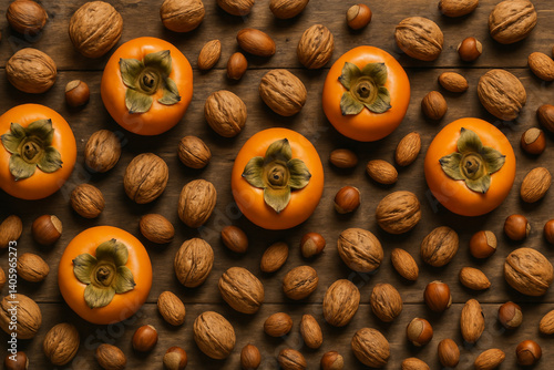 Flat lay of autumn seasonal fruits like persimmons and nuts, rustic setting, 3840x2160 PNG, 100MP, 100MP