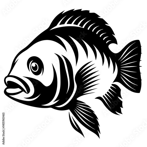 A striking black and white illustration of a tilapia fish showcasing its detailed fins and scales