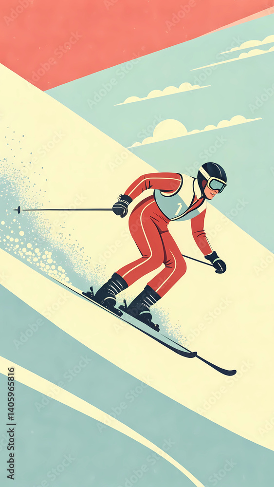 Obraz premium Graceful Descent - A Minimalist Flat Illustration of a Dynamic Skier