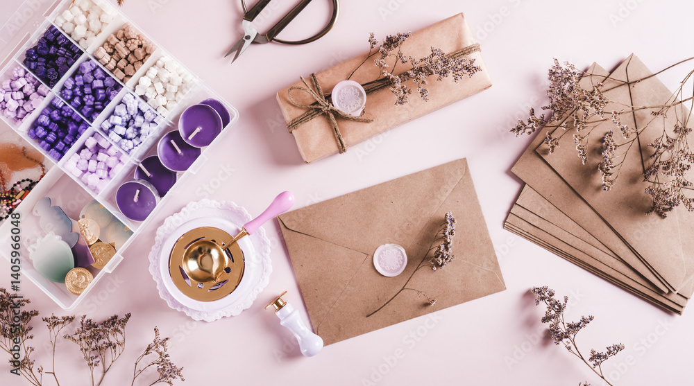 Creative set for sealing envelopes and gifts with wax seal on pink top view web banner
