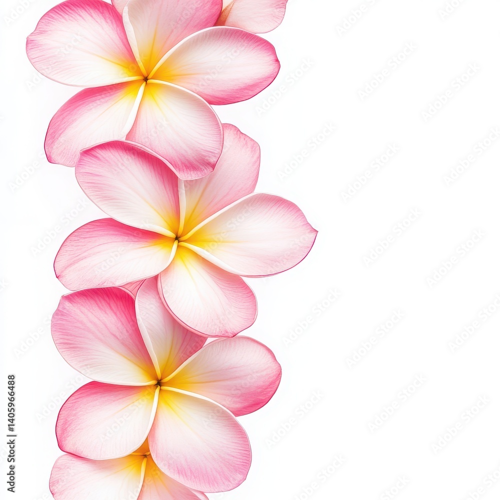 Close up of a row of pink plumeria blossoms isolated on white background Close up of a row of pink plumeria blossoms isolated on white background