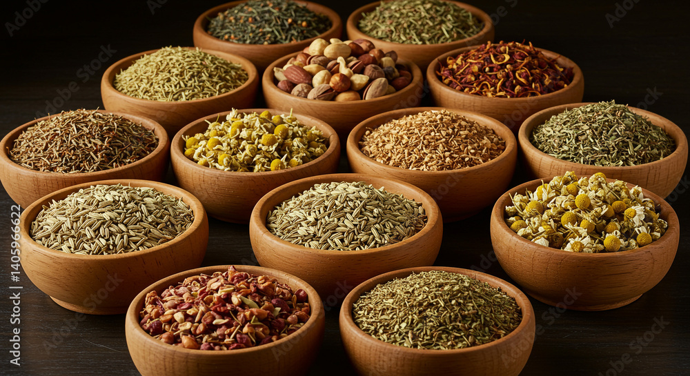 Aromatic Dried Herbs and Spices Collection in Wooden Bowls Natural Light Aromatic Dried Herbs and Spices Collection in Wooden Bowls Natural Light