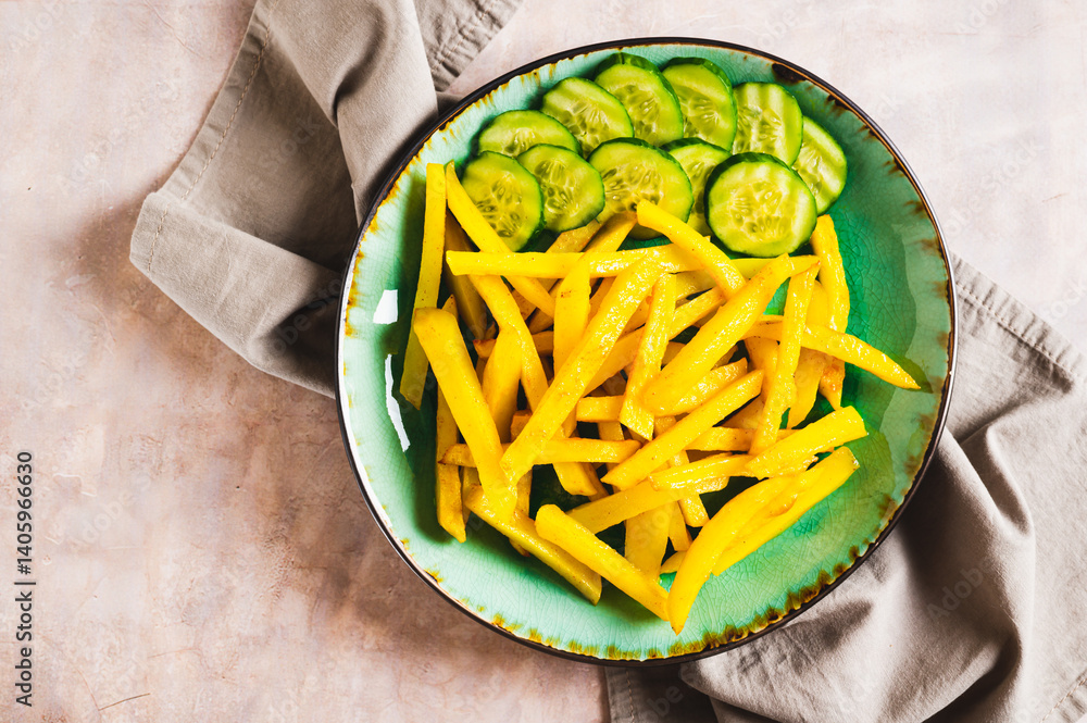 Close up of appetizing French fries and cucumber slices on a plate on the table top view