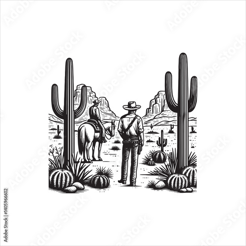 Wild West Scene with Cowboy and Saloon at Dusk