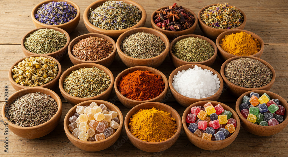 Aromatic Spices Herbs & Candies Wooden Bowls Delightful Assortment Aromatic Spices Herbs & Candies Wooden Bowls Delightful Assortment