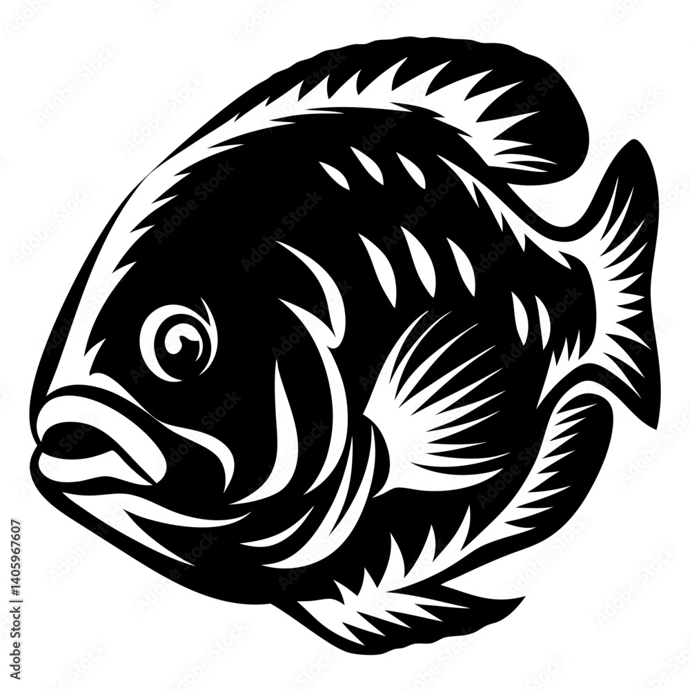 A Striking Black and White Illustration of a Fish Possibly a Bass or Similar Species A Striking Black and White Illustration of a Fish Possibly a Bass or Similar Species