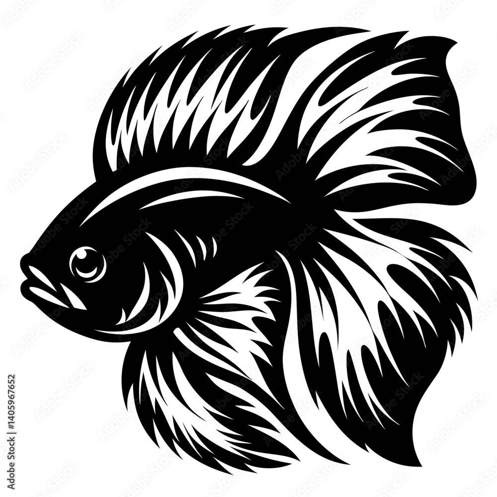 Striking Black and White Illustration of a Fierce Betta Fish with Flowing Fins Striking Black and White Illustration of a Fierce Betta Fish with Flowing Fins