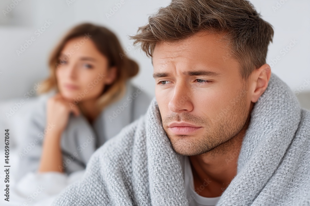 Young man sits on bed with worried expression while a woman sits nearby, potency problems Young man sits on bed with worried expression while a woman sits nearby, potency problems