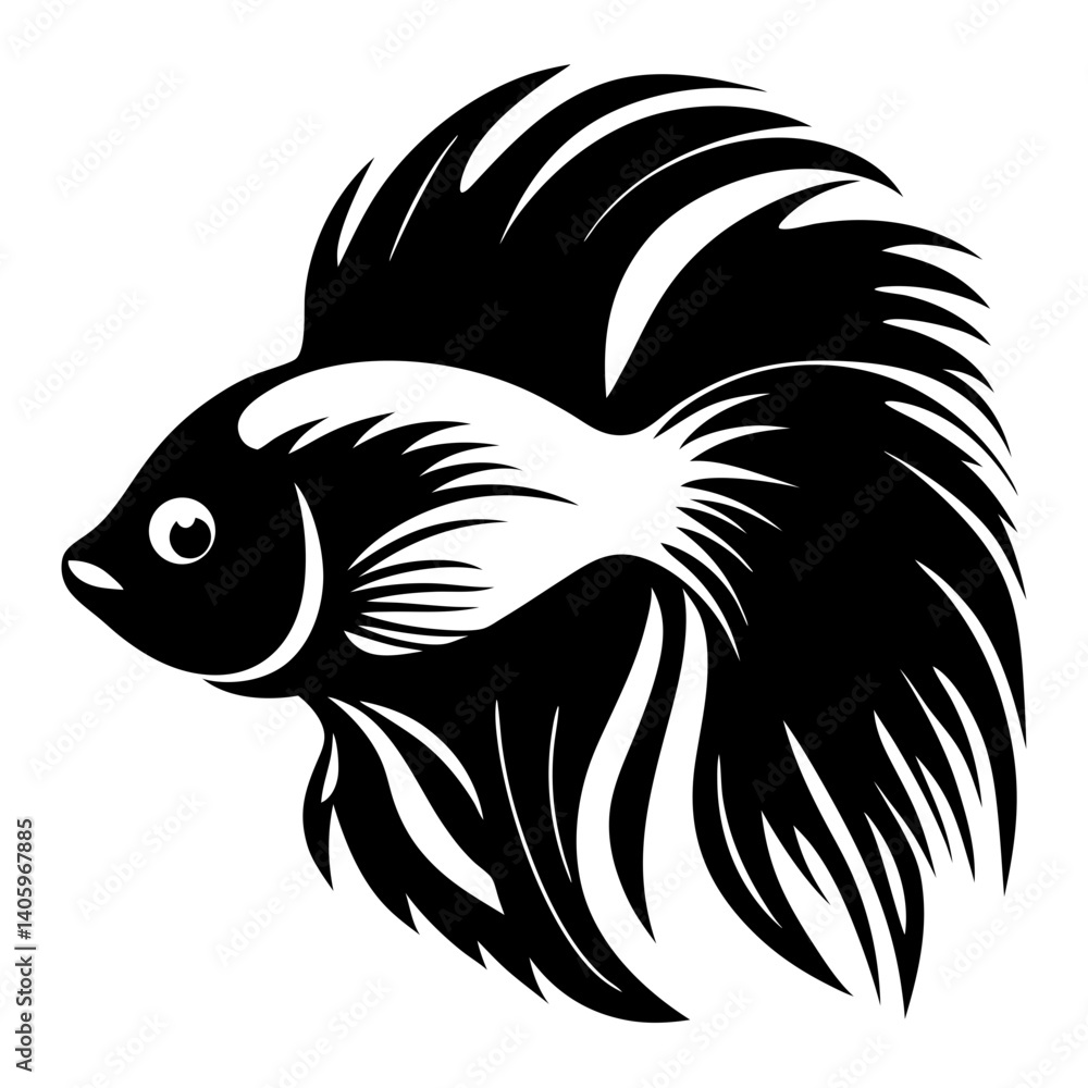 Fototapeta premium Black and White Stylized Siamese Fighting Fish Illustration Aquatic Animal Design Graphic Art