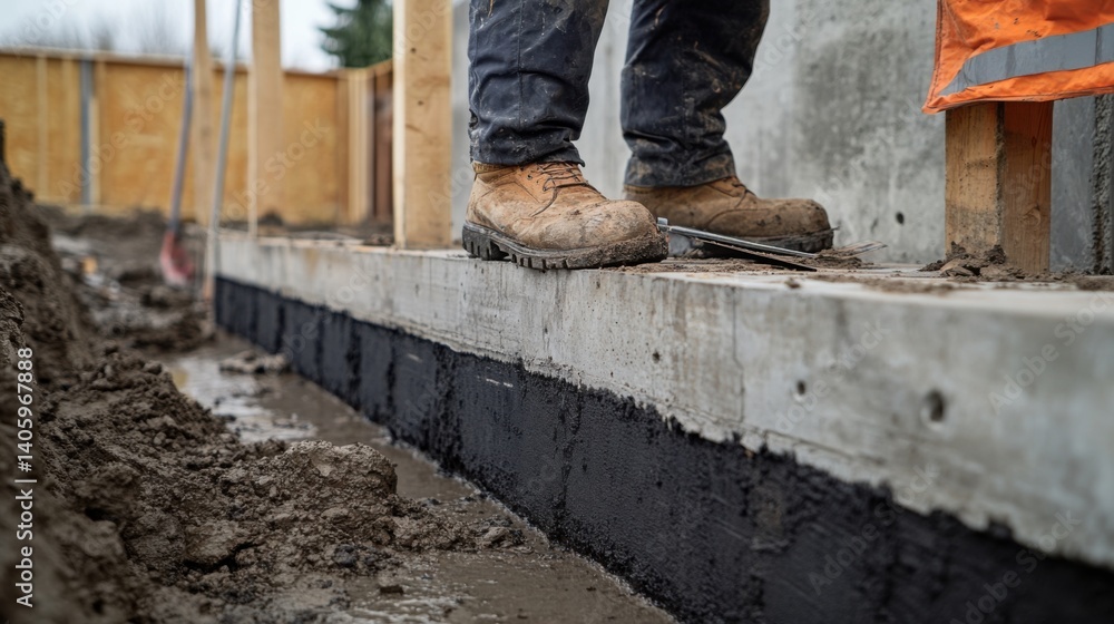 Construction worker inspecting the foundation at a building site. Featuring site inspection and foundation work Construction worker inspecting the foundation at a building site. Featuring site inspection and foundation work