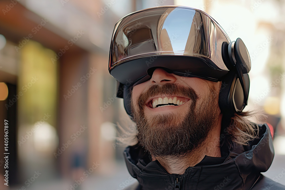 Man enjoys immersive virtual reality experience in urban setting during daylight hours Man enjoys immersive virtual reality experience in urban setting during daylight hours