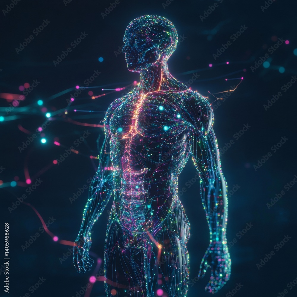 digital illustration of human body systems overlaid with interactive digital data streams in a clinical minimalist style formatted for a detailed anatomical figure digital illustration of human body systems overlaid with interactive digital data streams in a clinical minimalist style formatted for a detailed anatomical figure