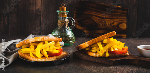 Obraz na płótnie Fried toasts with french fries and tomato on a board on the table web banner w salonie