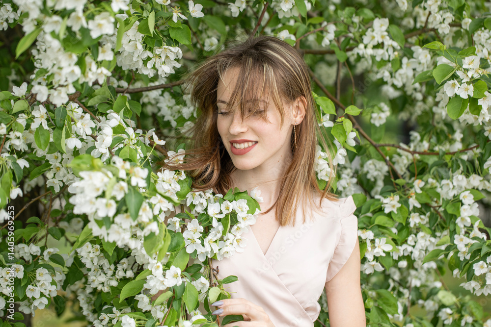 Young beautiful girl posing in a blooming garden Young beautiful girl posing in a blooming garden