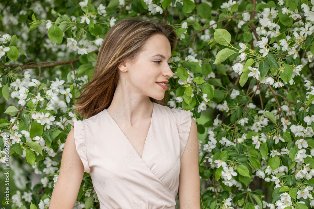 Young beautiful girl posing in a blooming garden Young beautiful girl posing in a blooming garden