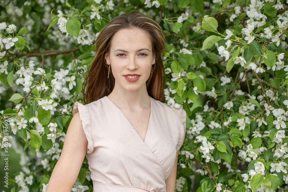 Young beautiful girl posing in a blooming garden Young beautiful girl posing in a blooming garden