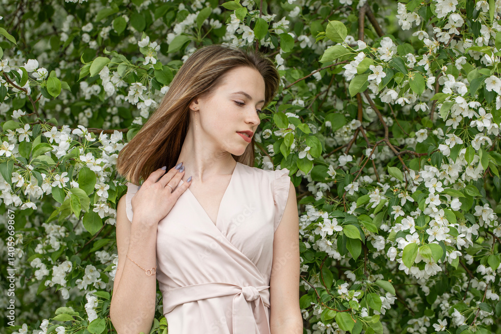 Young beautiful girl posing in a blooming garden Young beautiful girl posing in a blooming garden