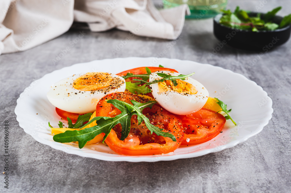 Light appetizer of tomatoes, boiled egg, cheese and arugula on a plate on the table Light appetizer of tomatoes, boiled egg, cheese and arugula on a plate on the table