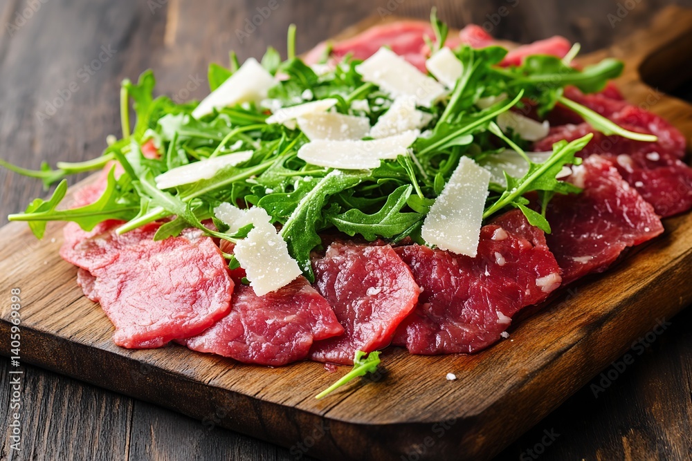 Beef carpaccio with arugula served on a wooden board in a rustic setting Beef carpaccio with arugula served on a wooden board in a rustic setting