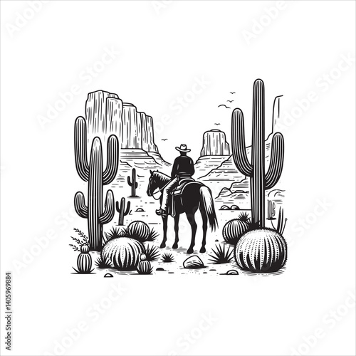 Wild West Scene with Cowboy and Saloon at Dusk