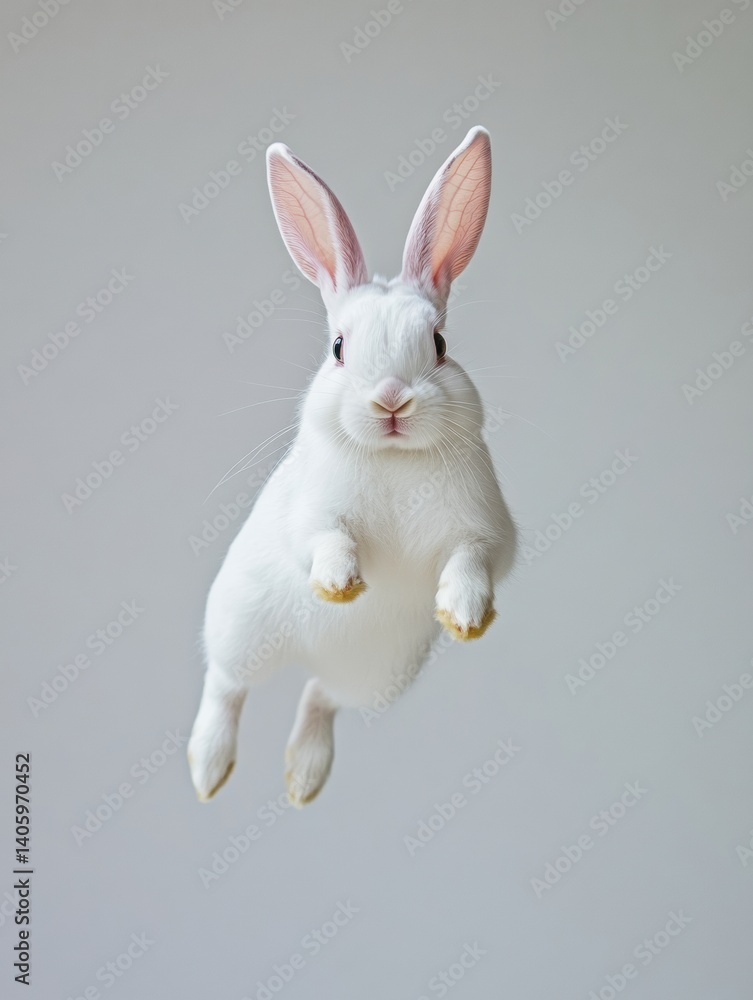 White bunny jumps gracefully with ears up against a clean, simple background