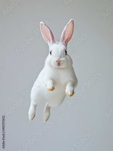 Obraz na płótnie White bunny jumps gracefully with ears up against a clean, simple background w salonie