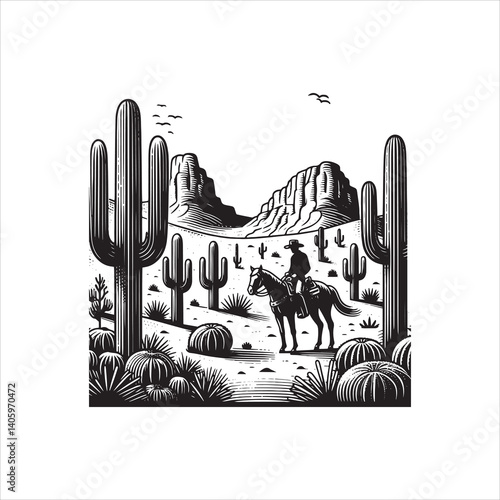 Wild West Scene with Cowboy and Saloon at Dusk