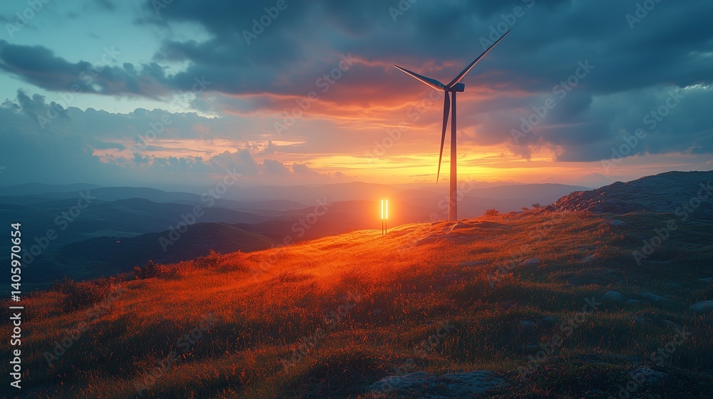 Obraz premium A solitary wind turbine standing on a grassy hill