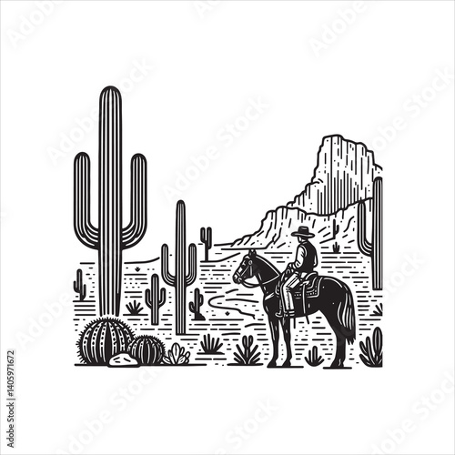 Wild West Scene with Cowboy and Saloon at Dusk