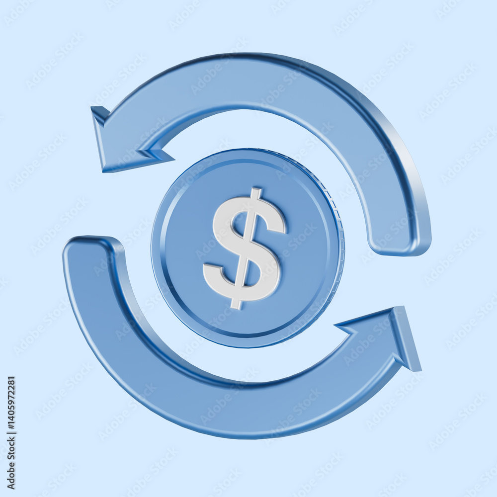 3D blue dollar coin with circular arrows symbolizing money circulation, finance flow, or currency exchange, isolated on light blue background. 3D blue dollar coin with circular arrows symbolizing money circulation, finance flow, or currency exchange, isolated on light blue background.
