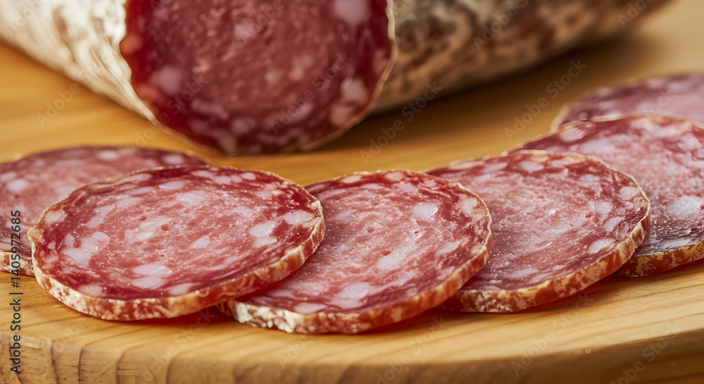 Artisanal salami slices close-up presentation on rustic wooden board Artisanal salami slices close-up presentation on rustic wooden board