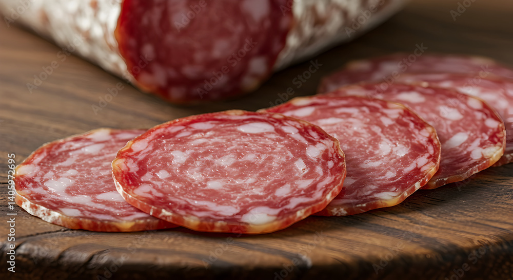 Artisanal salami slices on rustic wood platter close-up detail Artisanal salami slices on rustic wood platter close-up detail