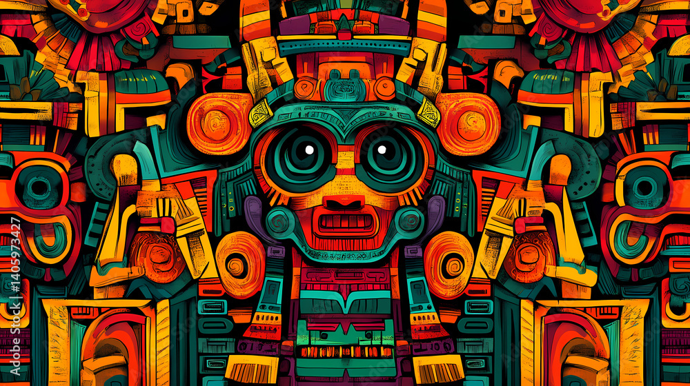 Vibrant and decorative mayan patterns for visual appeal. Reality-Warped Codex. Illustration Vibrant and decorative mayan patterns for visual appeal. Reality-Warped Codex. Illustration