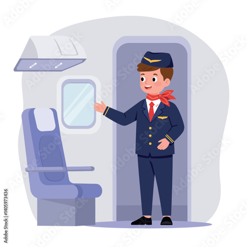 Cheerful flight attendant in uniform welcoming passengers with a friendly gesture in a flat design vector illustration