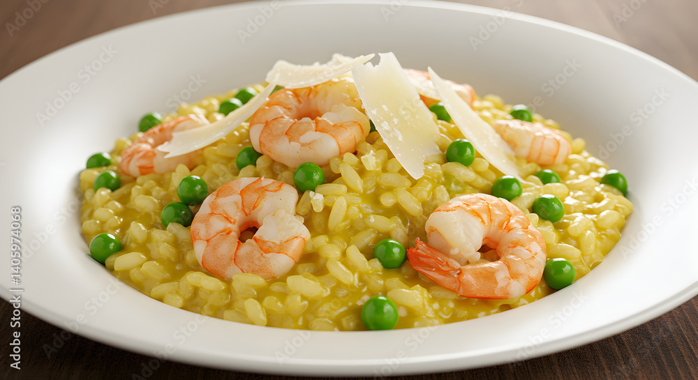 Elegant shrimp risotto with peas and parmesan shavings on white plate Elegant shrimp risotto with peas and parmesan shavings on white plate
