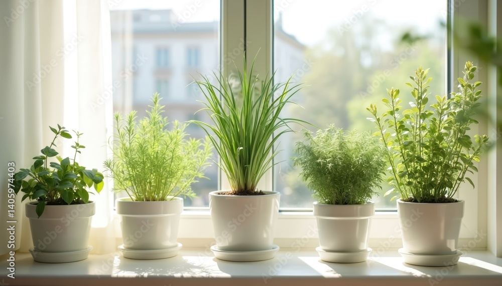 Fototapeta premium Fresh herbs in white plant pots grow on windowsill. Rosemary thyme ingredients in kitchen. Urban garden, healthy lifestyle, growing eco plants at home. Harvesting eco-friendly spice.