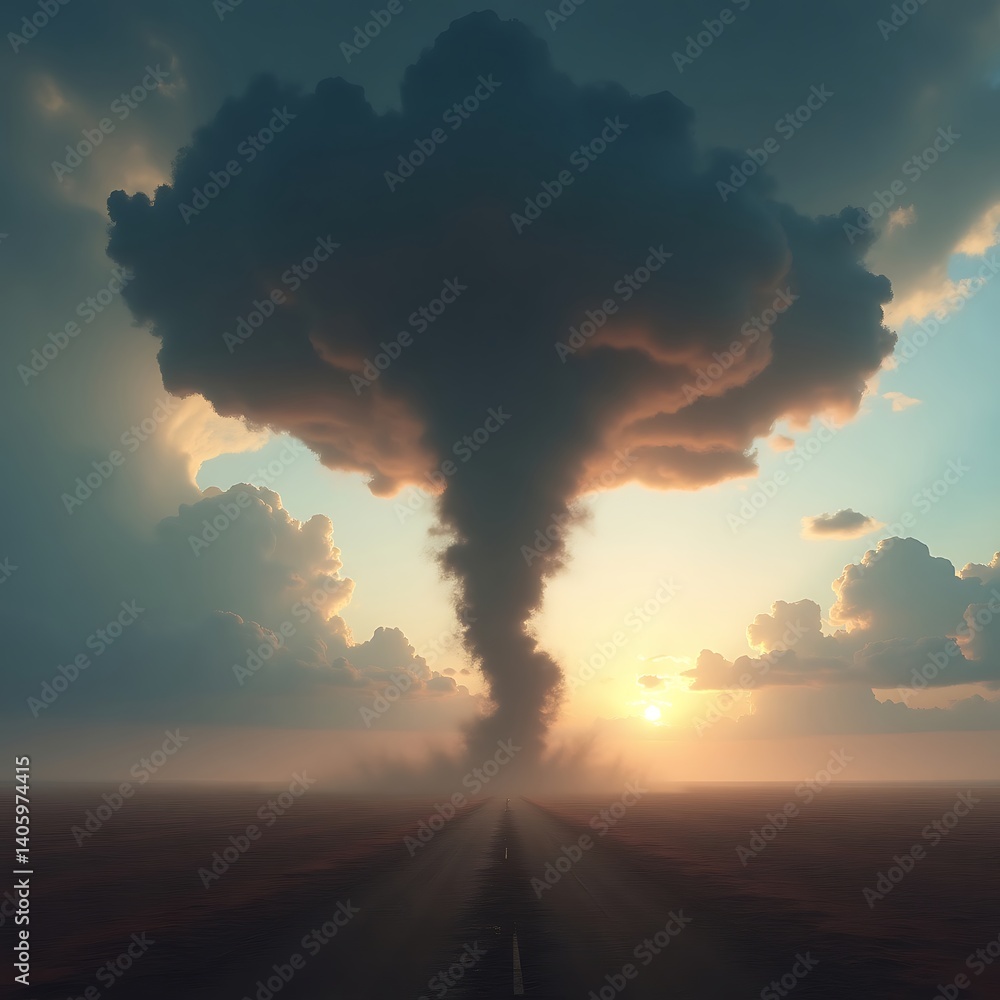 Naklejka premium Apocalyptic Sunset Landscape with Dark Storm Cloud and Road Dramatic Intense End of the World Nature Disaster