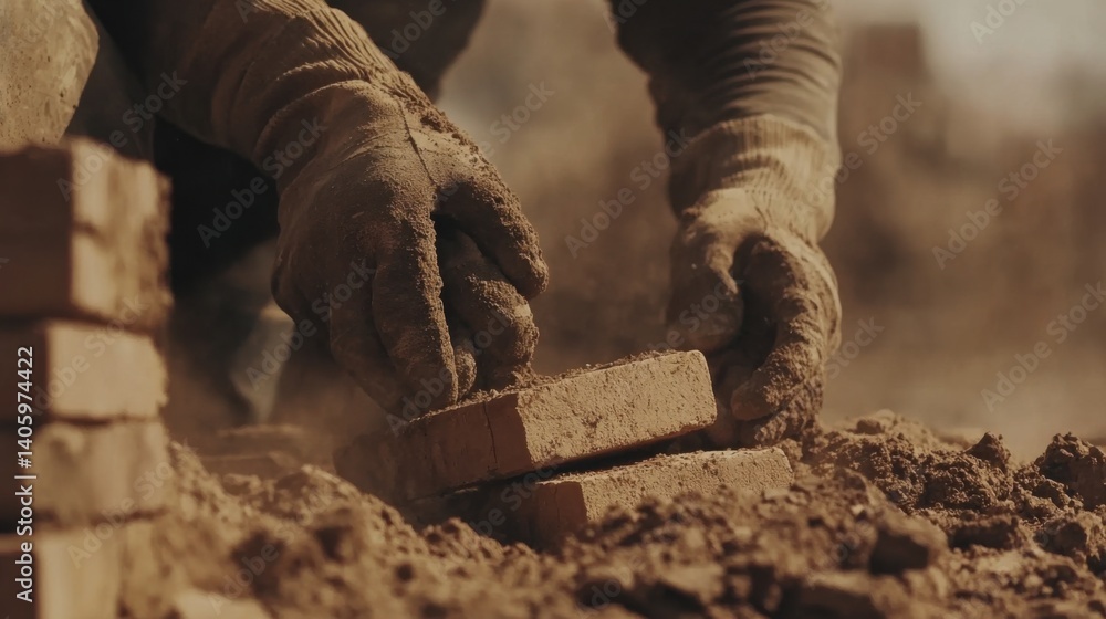 Construction worker laying bricks for a wall on a building site. Featuring strength and precision Construction worker laying bricks for a wall on a building site. Featuring strength and precision