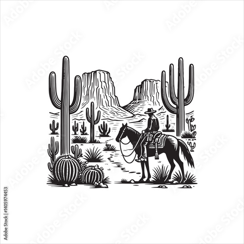 Wild West Scene with Cowboy and Saloon at Dusk